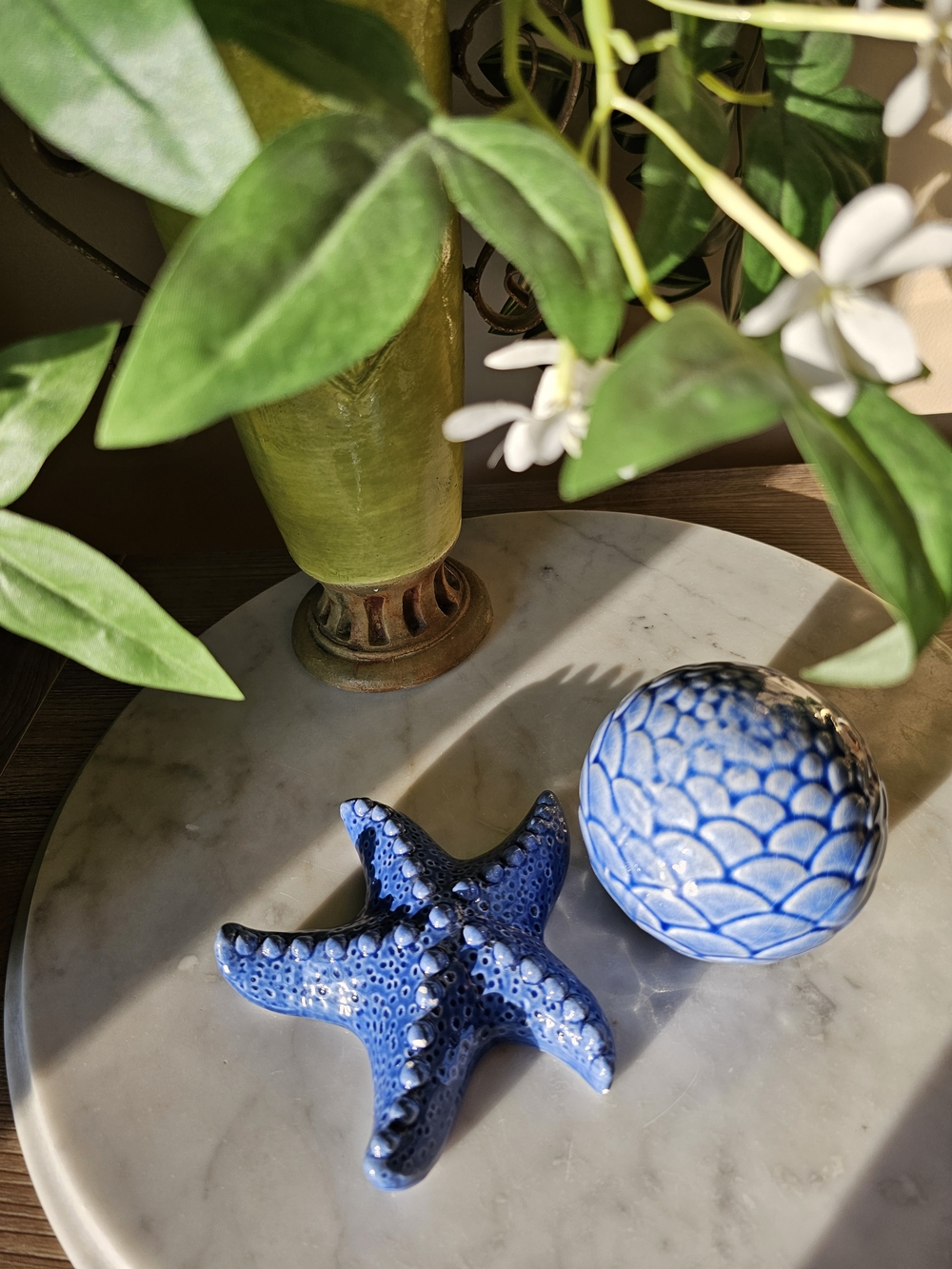 Blue Ceramic Starfish and Decorative Orb Set
